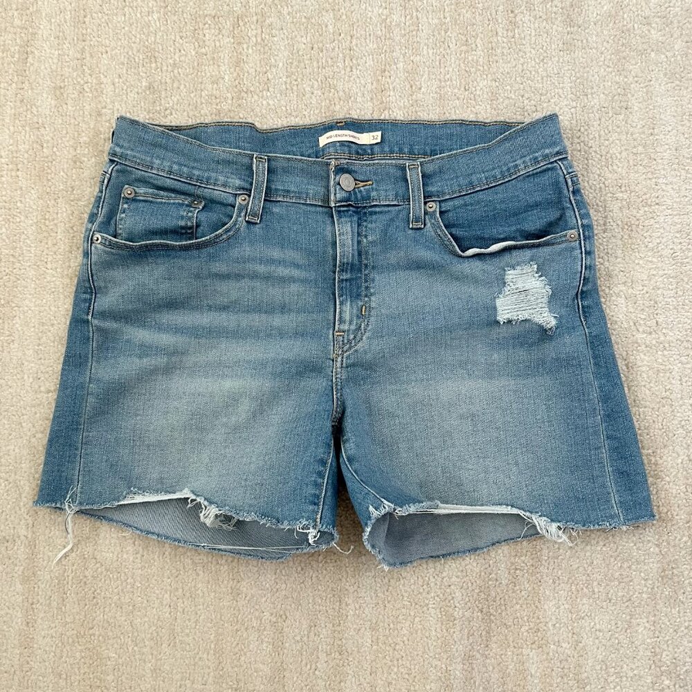Levi’s Mid Length Distressed Blue Jeans Denim Cutoff Shorts 32